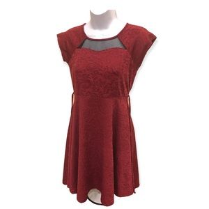 Speechless Red Fit and Flare Dress Bow Cap Sleeves Illusion Neckline Size 14
